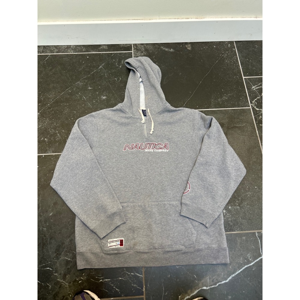Nautica Jeans Company Mens XL Gray Quarter Zip Fleece Hoodie Spellout Logo